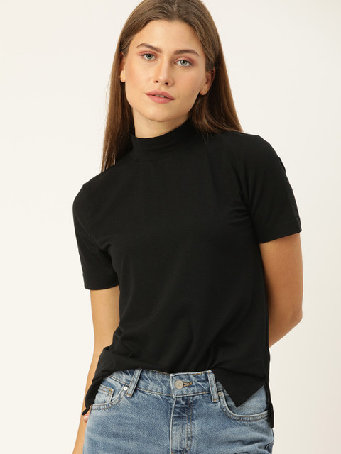 

GAP Women Black Solid High Neck T-shirt