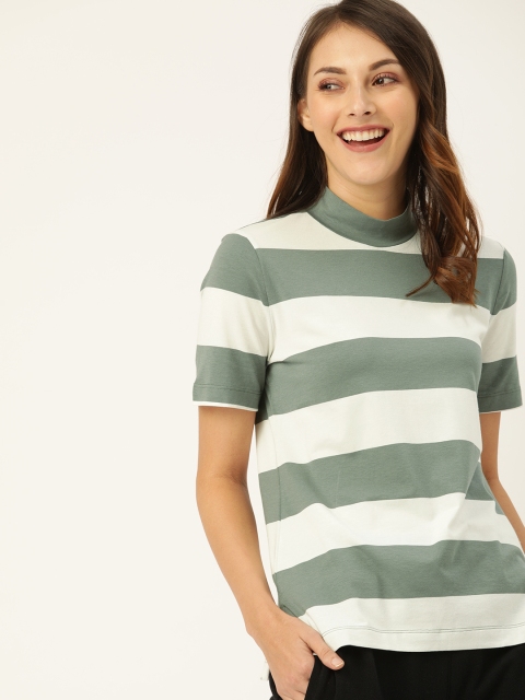 

GAP Women Olive Green & White Striped High Neck T-shirt