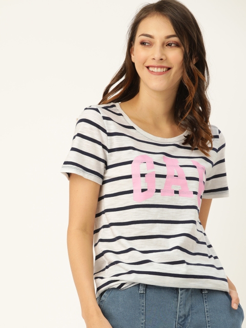 

GAP Women White Striped Round Neck T-shirt