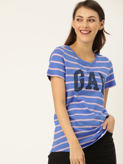 

GAP Women Blue & Pink Striped Round Neck T-shirt