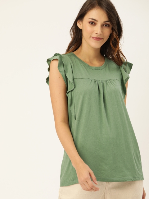 

GAP Women Green Solid Round Neck T-shirt with Flattered Sleeve