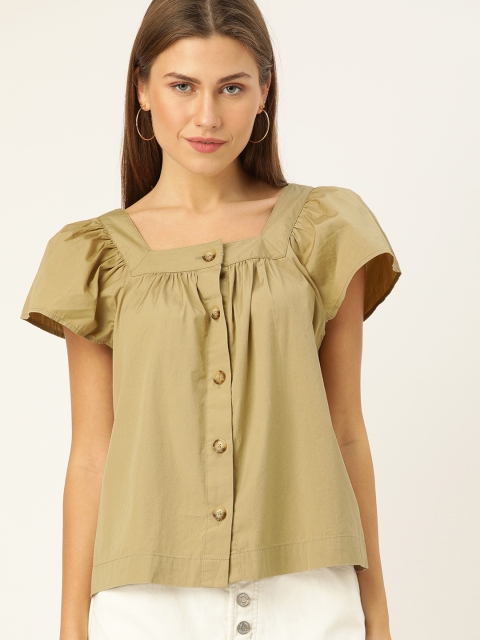 

GAP Women Khaki Solid Pleated Shirt Style Pure Cotton Top