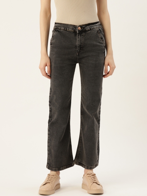 

PARIS HAMILTON Women Charcoal Grey Flared Mid-Rise Clean Look Cropped Stretchable Jeans