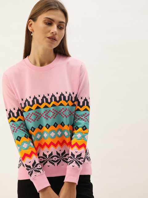

The Dry State Women Pink & Sea Green Tribal Printed Pullover Sweatshirt
