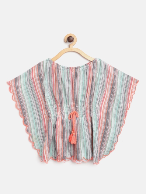 

Nauti Nati Girls Green & Orange Striped Kaftan Top with Waist Tie-Ups & Smoked Detail