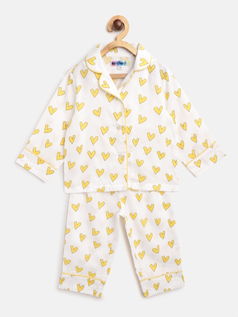 

Nauti Nati Girls White & Yellow Heart Print Night Suit
