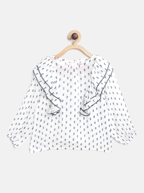

Nauti Nati Girls White & Navy Blue Self Design Ruffled Top