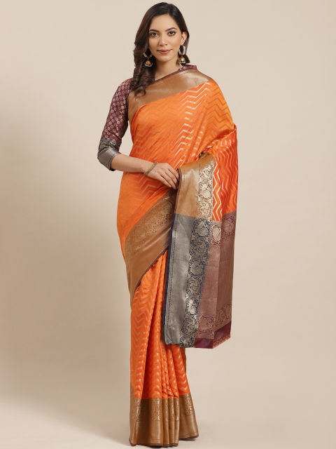 

Blissta Orange & Golden Zari Chevron Woven Design Banarasi Saree