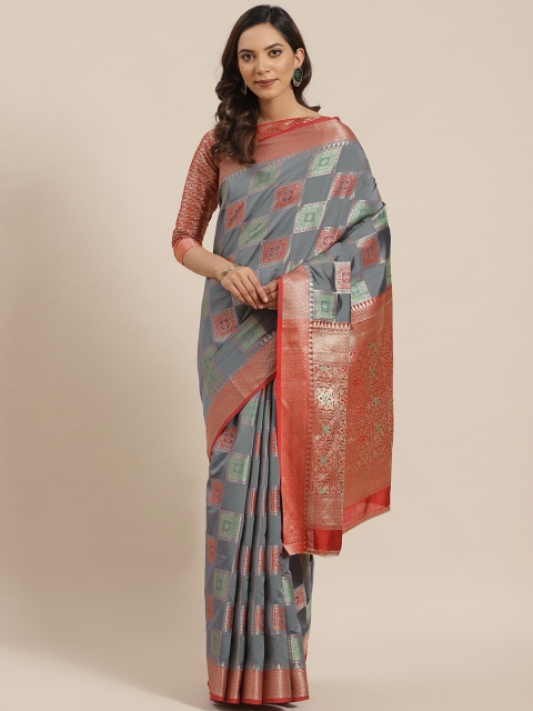 

Blissta Grey & Red Zari Woven Design Banarasi Saree