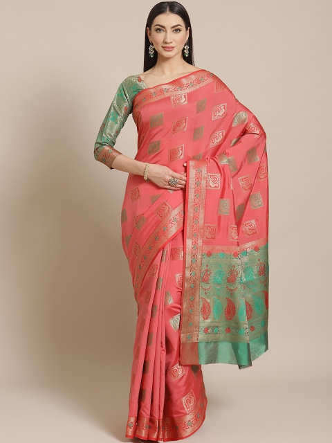 

Blissta Coral Pink & Golden Zari Woven Design Banarasi Saree
