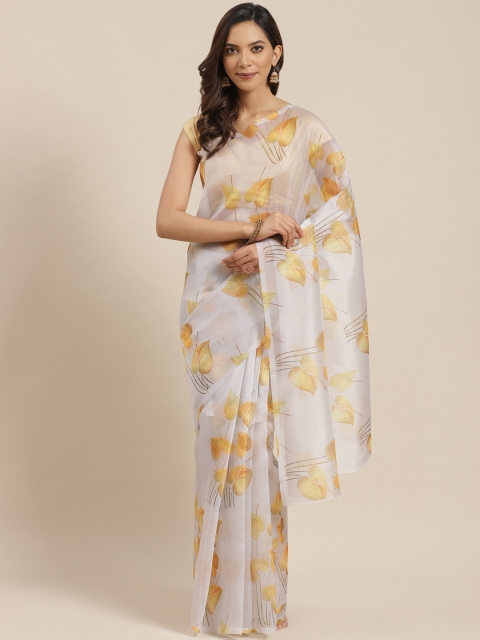 

Blissta Off-White & Yellow Organza Floral Print Celebrity Saree