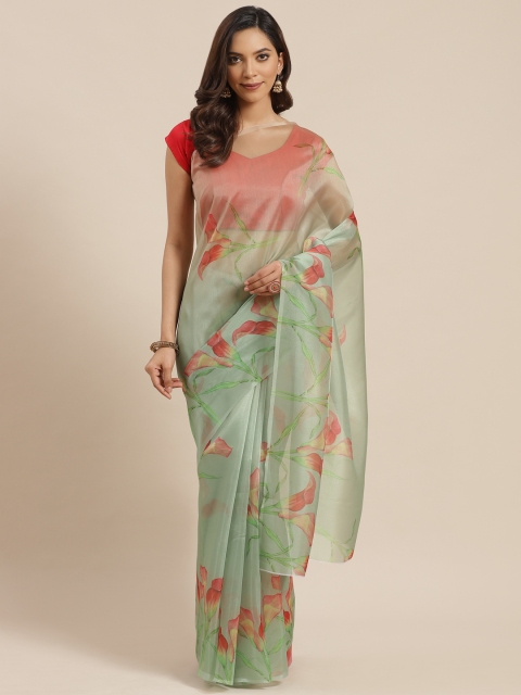 

Blissta Green & Red Organza Floral Print Celebrity Saree