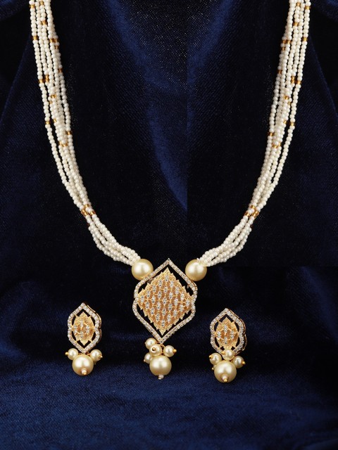 

Carlton London Off-White Gold-Plated Beaded Stone-Studded Handcrafted Jewellery Set