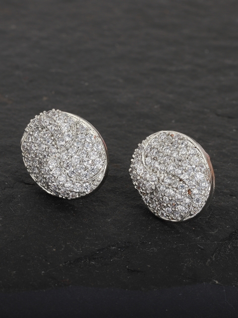 

Carlton London Silver-Toned Rhodium-Plated CZ-Studded Handcrafted Oval Studs