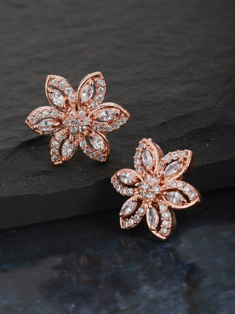

Carlton London Silver-Toned Rose Gold-Plated CZ-Studded Handcrafted Floral Shaped Studs