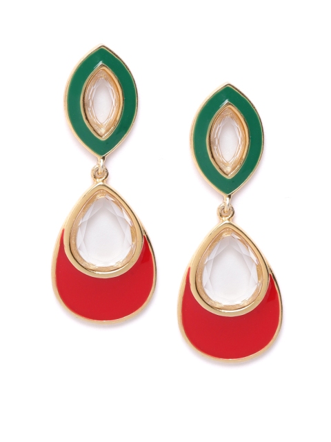 

Carlton London Red & Green Gold-Plated Enamelled Teardrop Shaped Drop Earrings