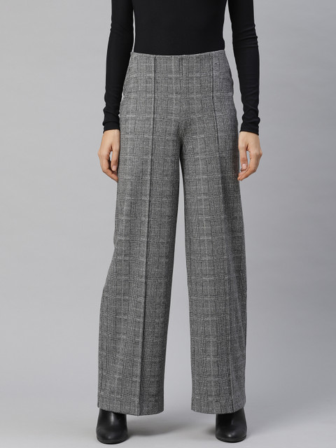 

Marks & Spencer Women Grey & White Flared Checked Parallel Trousers