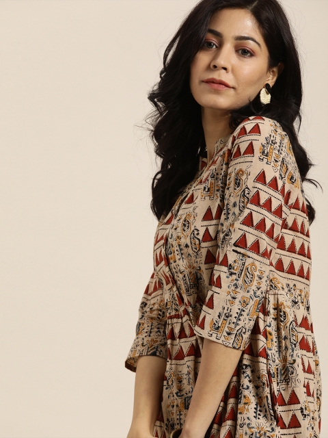 

Taavi Women Beige & Maroon Kalamkari Hand Block Print A-Line Sustainable Dress