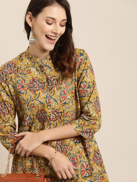 

Taavi Women Mustard Yellow & Blue Kalamkari Hand Block Print A-Line Dress with Pocket