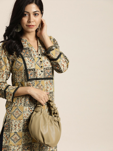 

Taavi Women Beige & Olive Green Kalamkari Hand Block Print Straight Sustainable Kurta