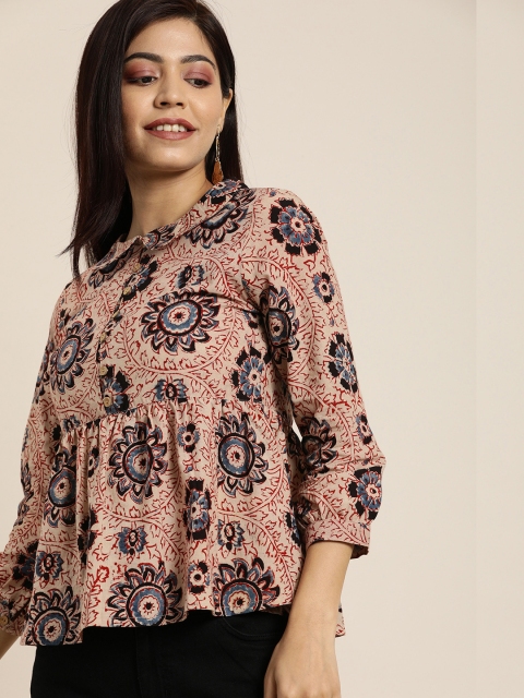 

Taavi Women Beige & Maroon Printed Kalamkari Hand Block A-Line Pure Cotton Top with Gathers