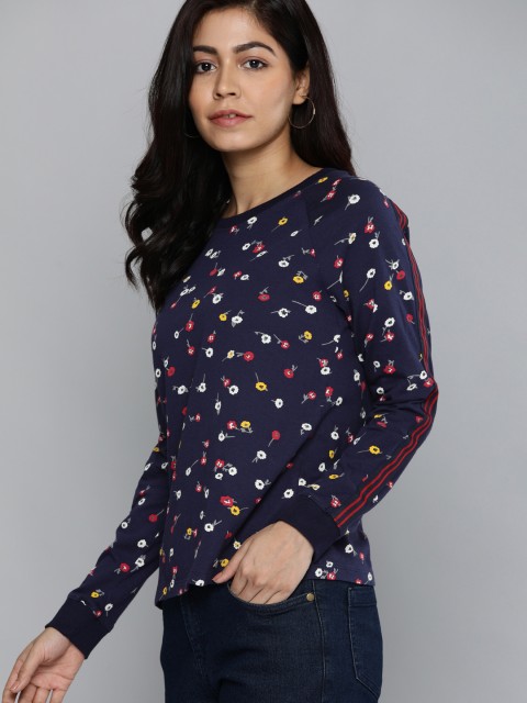 

Chemistry Women Navy Blue White Floral Printed Round Neck Pure Cotton T-shirt