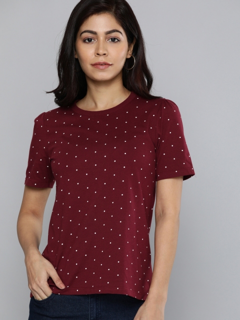 

Chemistry Women Burgundy & White Polka Dots Printed Round Neck T-shirt