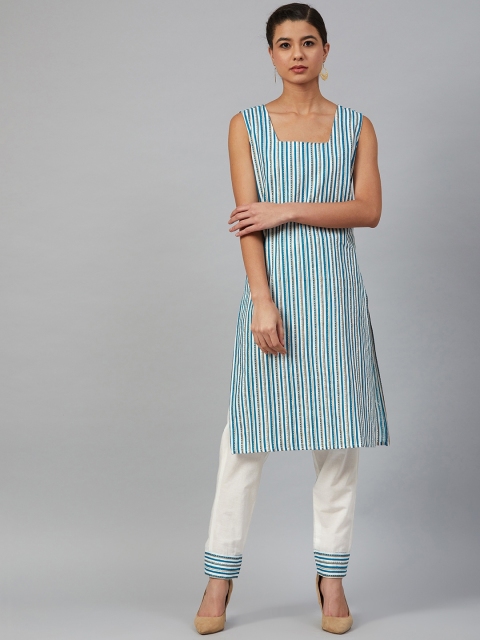 

Meeranshi Women Blue & Off-White Striped Kurta with Trousers
