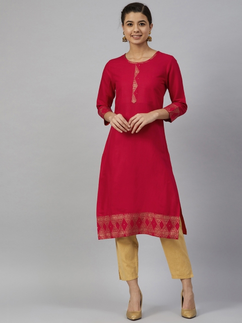 

Meeranshi Women Red & Golden Printed Detail Straight Kurta