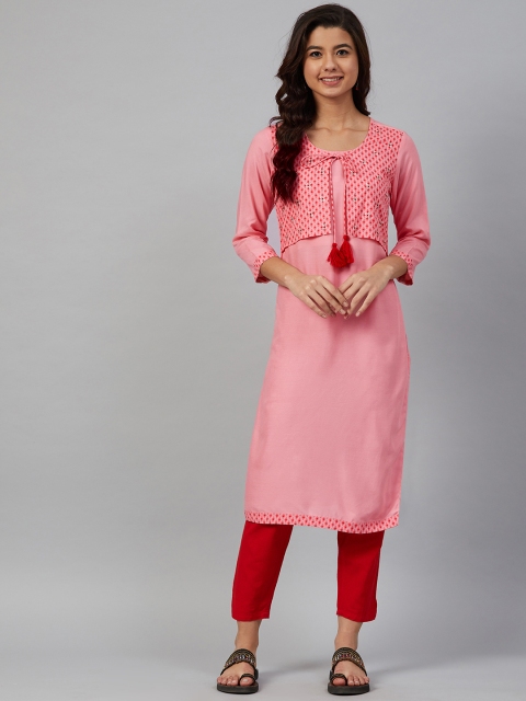 

Meeranshi Women Pink Solid Straight Kurta with Attached Ethnic Jacket