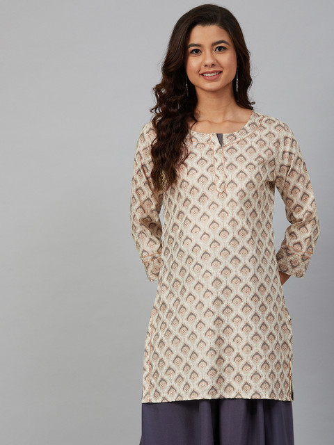

Meeranshi Women Cream-Coloured & Charcoal Grey Printed Straight Kurti