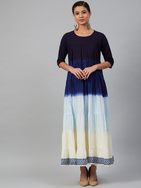 

Meeranshi Women Blue & Off-White Dyed Tiered A-Line Kurta