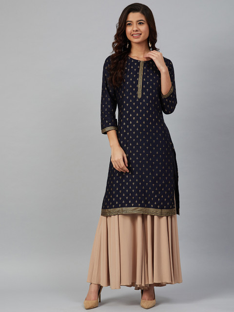 

Meeranshi Women Navy Blue & Golden Printed Straight Kurta