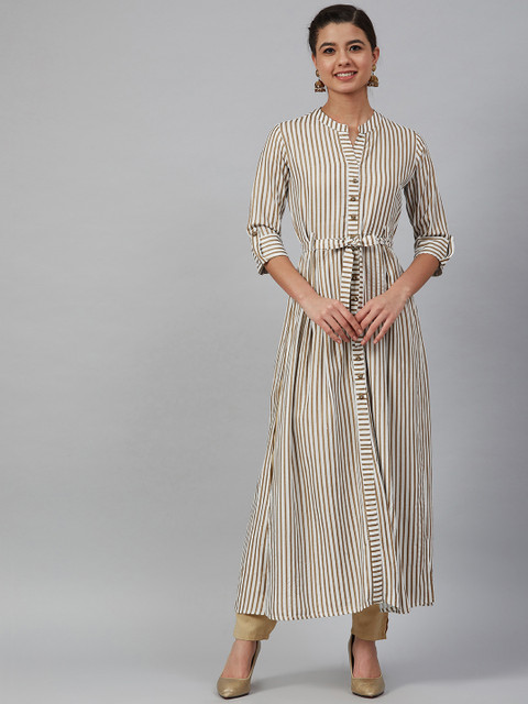 

Meeranshi Women Off-White & Golden Striped Straight Kurta