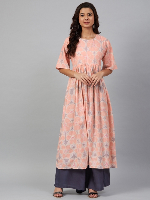 

Meeranshi Women Peach-Coloured & Grey Printed A-Line Kurta