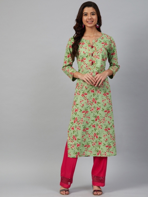 

Meeranshi Women Green & Pink Floral Printed Straight Kurta