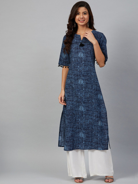 

Meeranshi Women Blue & Black Printed Straight Kurta
