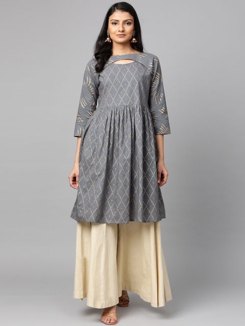 

Meeranshi Women Grey & Golden Printed A-Line Kurta