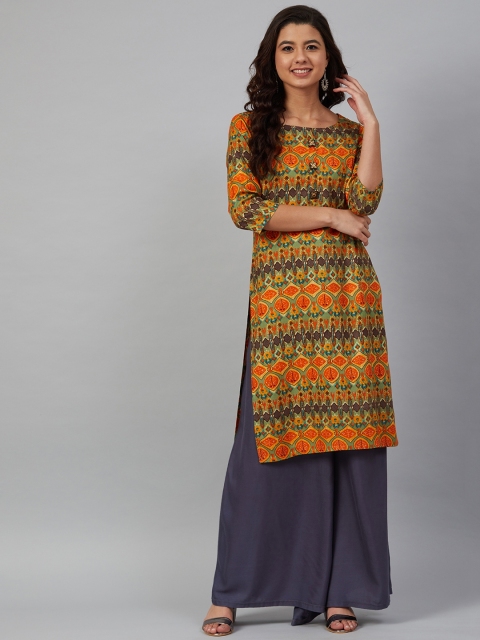 

Meeranshi Women Orange & Olive Green Printed Straight Kurta