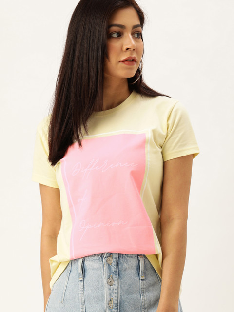 

Difference of Opinion Women Cream-Coloured Pink Colourblocked Round Neck Pure Cotton T-shirt