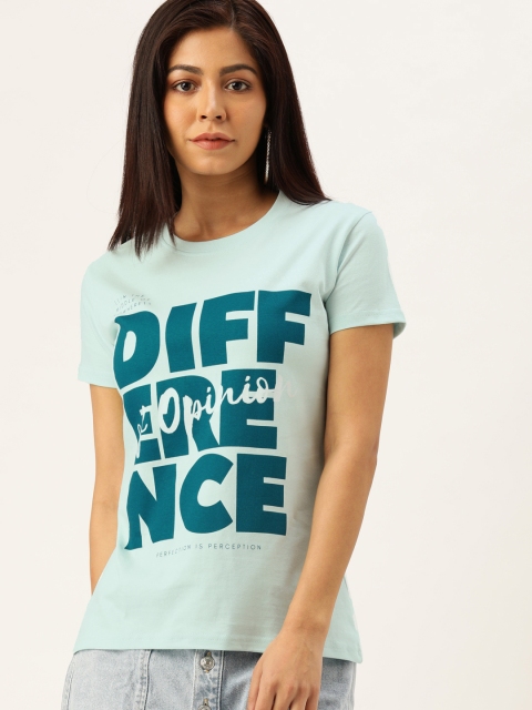 

Difference of Opinion Women Blue Printed Round Neck Pure Cotton T-shirt