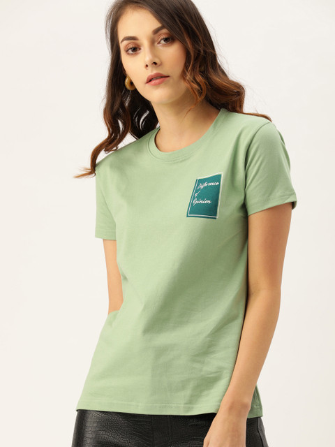 

Difference of Opinion Women Sea Green Solid Round Neck Pure Cotton T-shirt