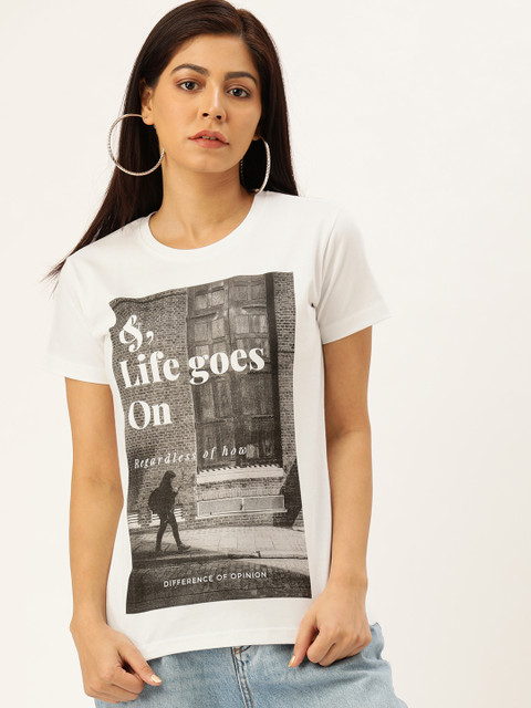 

Difference of Opinion Women White Graphic Printed Round Neck Pure Cotton T-shirt