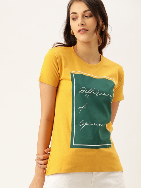 

Difference of Opinion Women Mustard Yellow Green Printed Round Neck Pure Cotton T-shirt