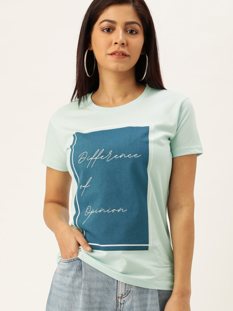 

Difference of Opinion Women Blue Printed Round Neck Pure Cotton T-shirt