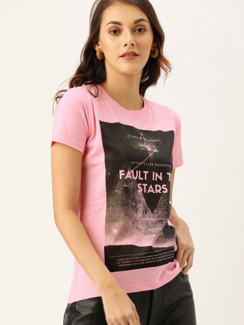 

Difference of Opinion Women Pink Printed Round Neck Pure Cotton T-shirt