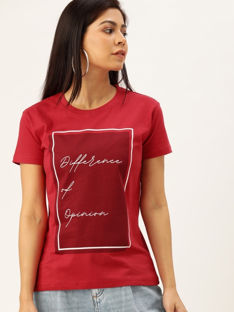

Difference of Opinion Women Red Printed Round Neck Pure Cotton T-shirt