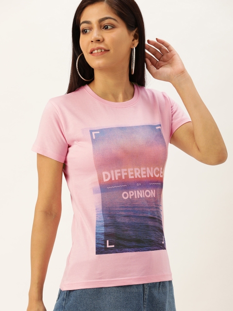 

Difference of Opinion Women Pink Printed Round Neck Pure Cotton T-shirt