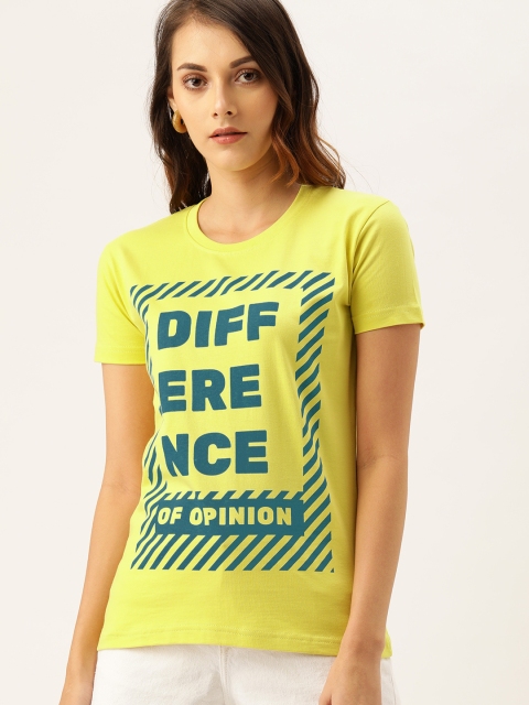 

Difference of Opinion Women Yellow Printed Round Neck Pure Cotton T-shirt