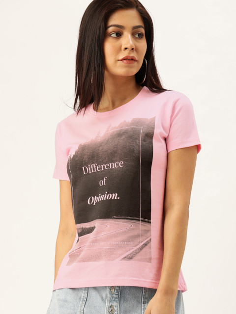 

Difference of Opinion Women Pink Black Printed Round Neck Pure Cotton T-shirt